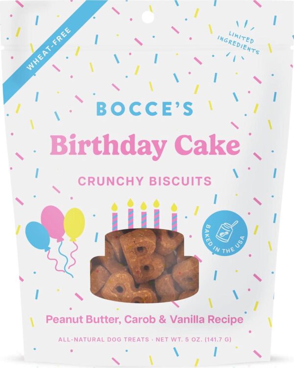 Bocce's Bakery Birthday Cake Treats for Dogs - Wheat-Free, Peanut Butter Vanilla Biscuits, 5 oz
