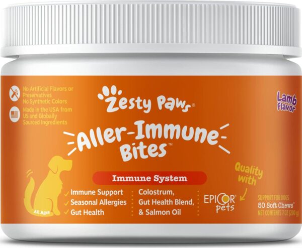 Zesty Paws Dog Allergy Relief Chews - Omega 3 Probiotics - Salmon Oil - Lamb Flavor - 50 Count
